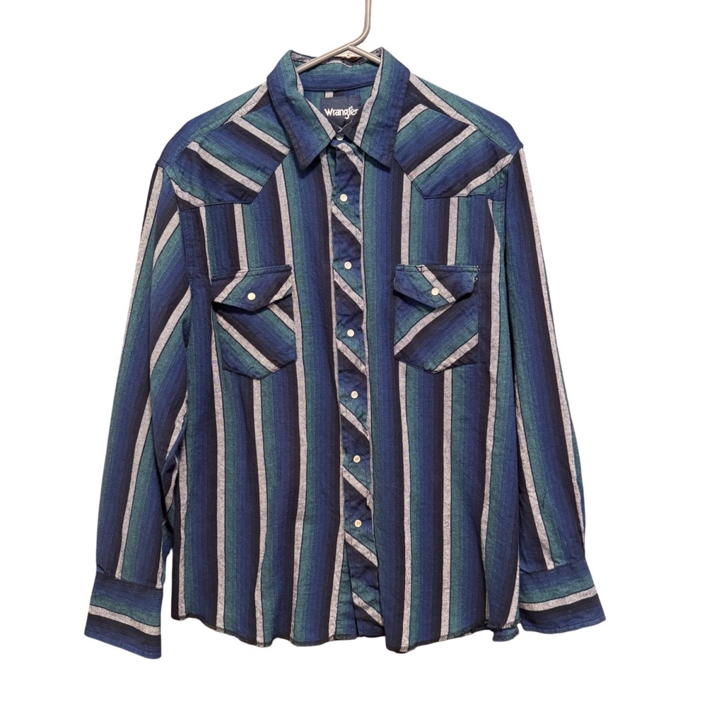 Wrangler Mens Western Pearl Snap Shirt Blue Teal Striped Long Sleeve Large L